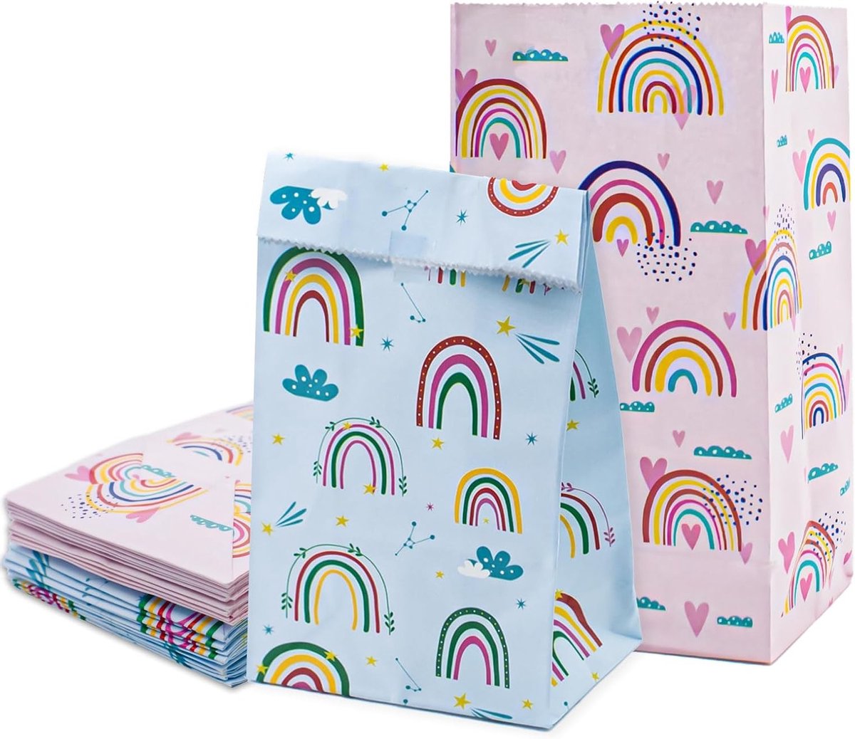 Creatieve Set van 24 Herbruikbare Regenboog Papieren Tassen voor Feestjes, Verjaardagen en Cadeaus - Vouwbare Kleurige Zakjes voor Snoep en Decoratie