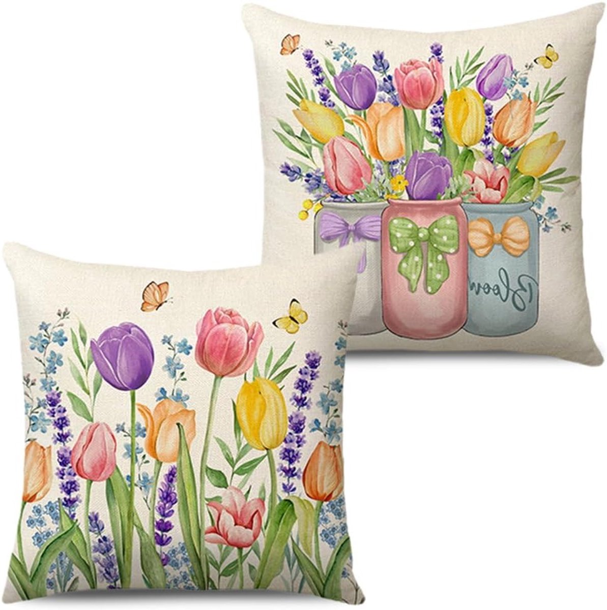 Kussenslopen met bloemenprint, 40 x 40 cm, decoratieve hoezen voor lente en zomer, polyester en linnen, ideaal voor bank en woondecoratie