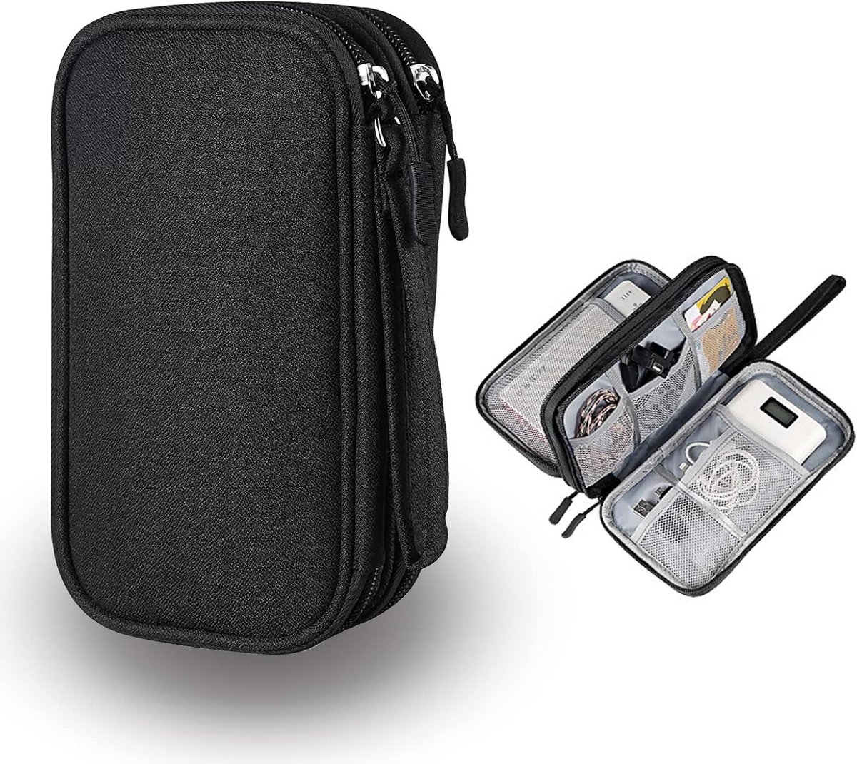 Dubbele Laags Elektronische Tas Organizer voor Kabels, Opladers en Accessoires - Ideaal voor Mobiele Telefoons en Powerbanks (Zwart)