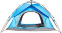 Blauwe pop-up tent met oranje randen en grijze onderkant, met opening naar voren.