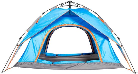 Blauwe pop-up tent met oranje randen en grijze onderkant, met opening naar voren.