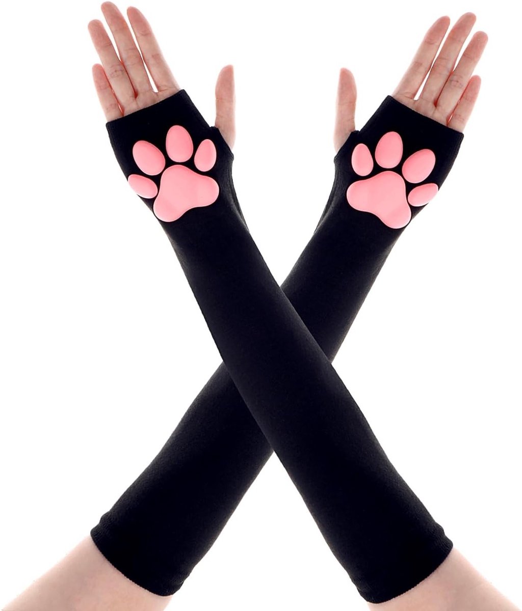 Kattenpoot Handschoenen - Lange Vingerloze Mittens met 3D Roze Poot Pad voor Halloween, Zwart, One Size, Perfect voor Feestjes en Kostuums