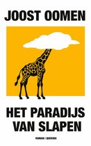 Boekcover 'Het paradijs van slapen' met een zwarte giraf onder een witte wolk tegen een gele achtergrond.