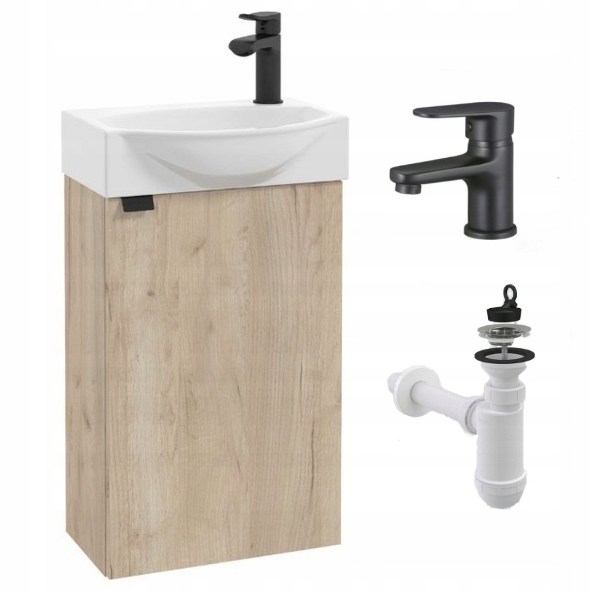Stamar - Badmeubel met Wastafel 40 x 22 - Wandmodel Licht Eiken met Zwarte Kleine Kraan