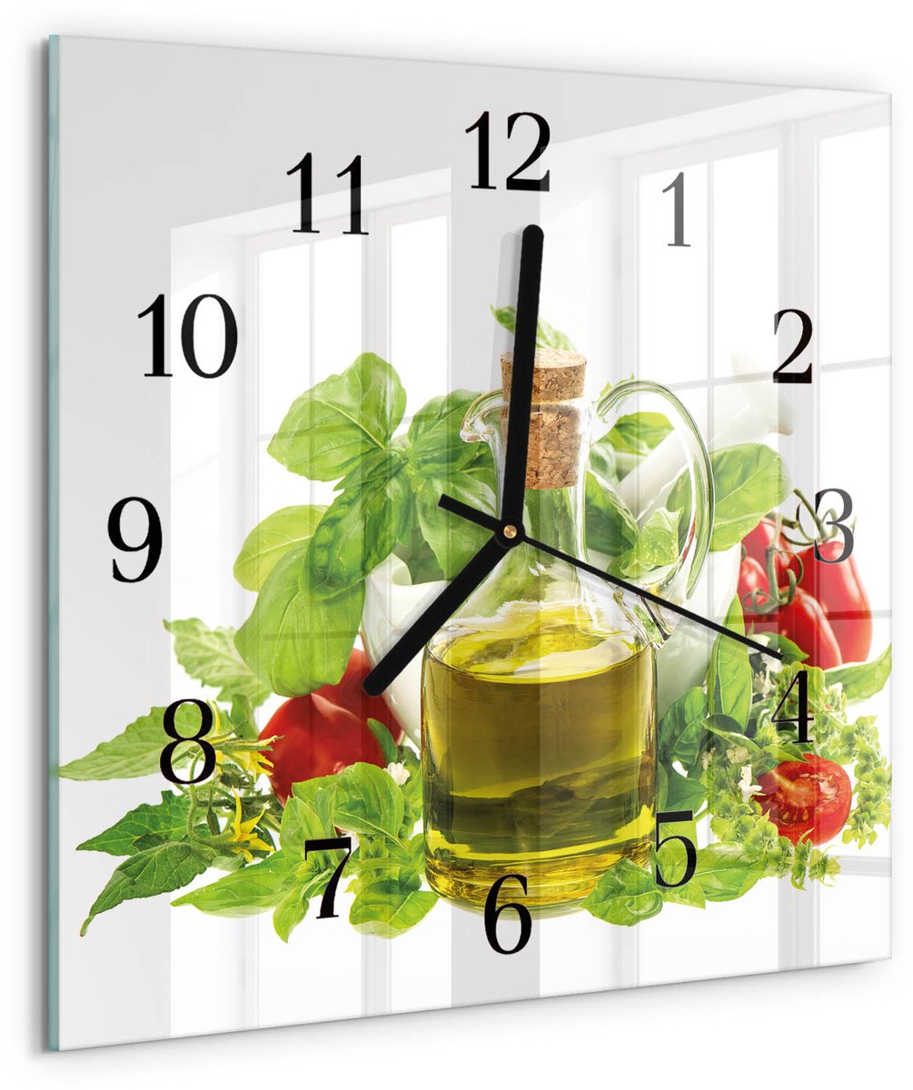 TULUP Wandklok - Basilicumolie Klok Glas Met Opdruk - 30x30 cm - Veelkleurig Moderne Wandklok Glas - Zwarte Handen - Vierkante Wandklok - Klok Glas Met Opdruk - Moderne Wandklok Glas Veelkleurig - Basilicumolie
