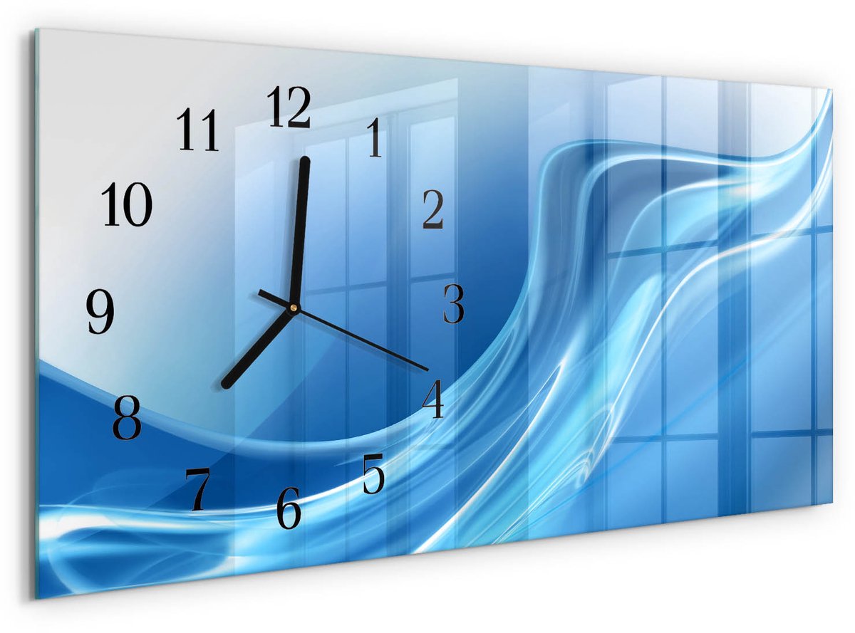 TULUP Wandklok - Blauwe golven Moderne Wandklok Glas - 60x30 cm - Blauw Wandklok Glas Decoratie - Zwarte Handen - Rechthoekige Wandklok - Wandklok Glas Decoratie - Gekleurde Glazen Klok