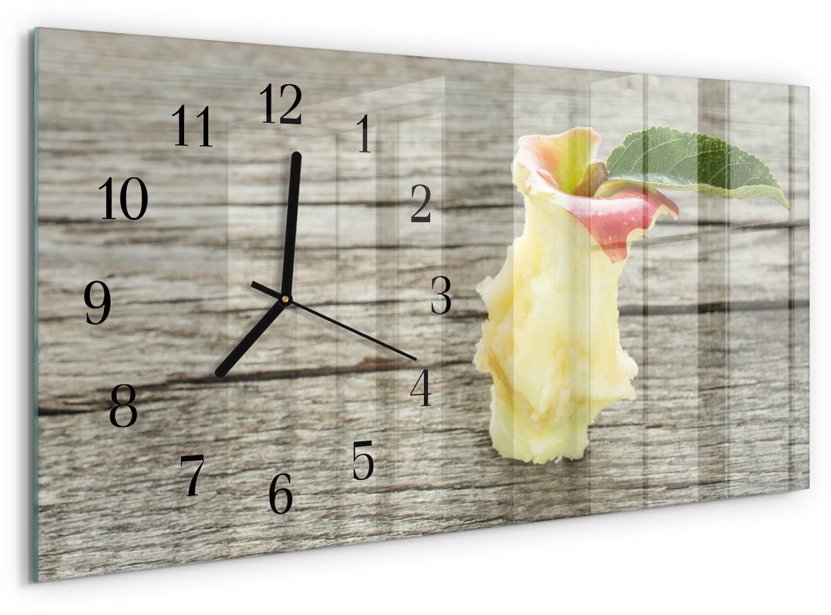 TULUP Wandklok - Apple-kern Decoratieve Glazen Klok - 60x30 cm - Beige Glazen Wandklok Design - Zwarte Handen - Rechthoekige Wandklok - Klok Glas Met Opdruk - Moderne Wandklok Glas