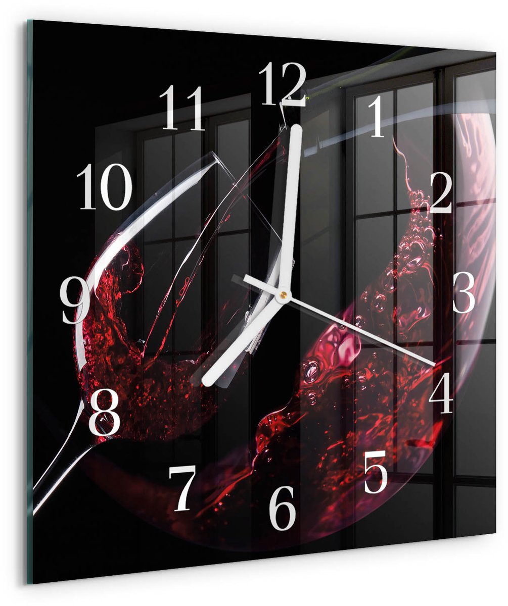 TULUP Wandklok - Wijn Wandklok Glas Met Motief - 30x30 cm - Rood Decoratieve Glazen Klok - Witte Handen - Vierkante Wandklok - Glazen Wandklok Design - Klok Glas Met Opdruk Rood - Wijn