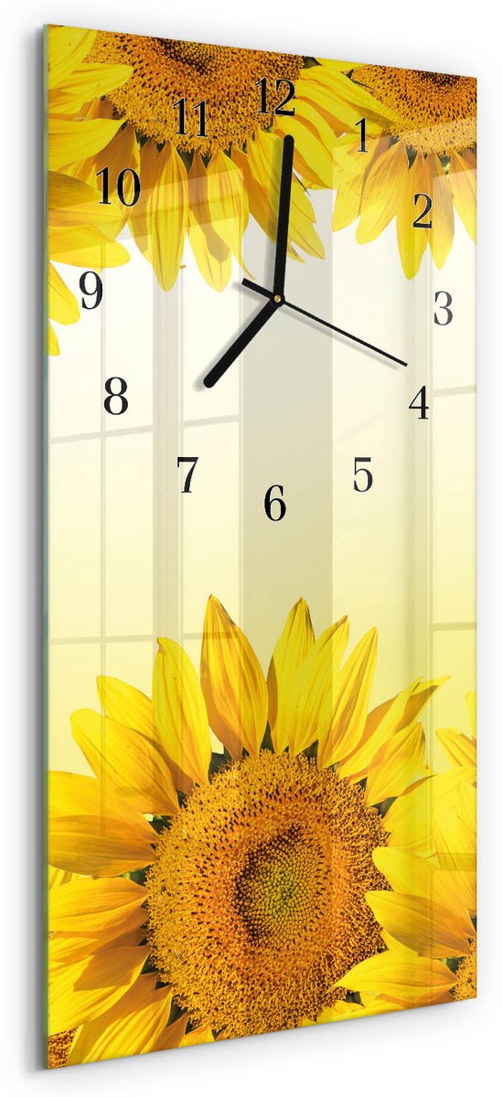 TULUP Wandklok - Zonnebloem Gekleurde Glazen Klok - 30x60 cm - Geel Glazen Klok Met Print - Zwarte Handen - Rechthoekige Wandklok - Wandklok Glas Met Motief - Decoratieve Glazen Klok Geel - Zonnebloem