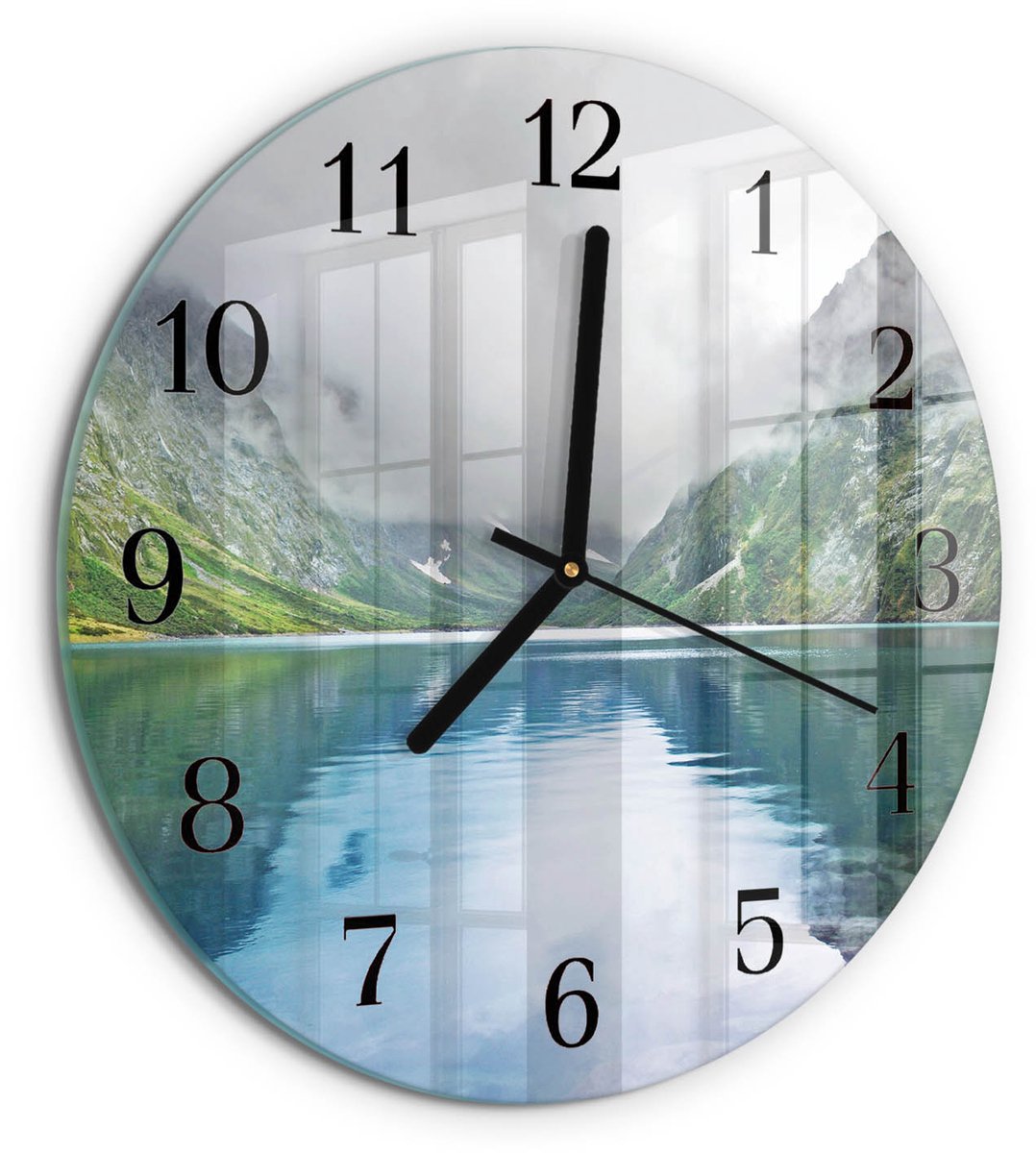 TULUP Wandklok - Bergmeer Decoratieve Glazen Klok - 30fi cm - Veelkleurig Glazen Wandklok Design - Zwarte Handen - Ronde Wandklok - Gekleurde Glazen Klok - Glazen Klok Met Print Veelkleurig - Bergmeer