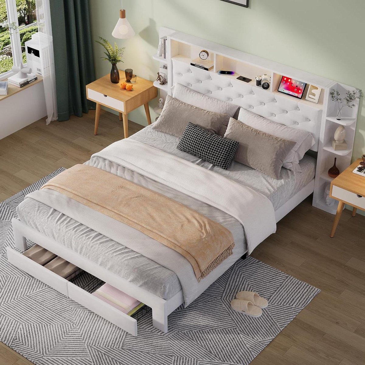 Gestoffeerd tweepersoonsbed - Opbergbed met lades - Slaapkamer organiseren - Geïntegreerde LED verlichting - 160 x 200 cm - Wit