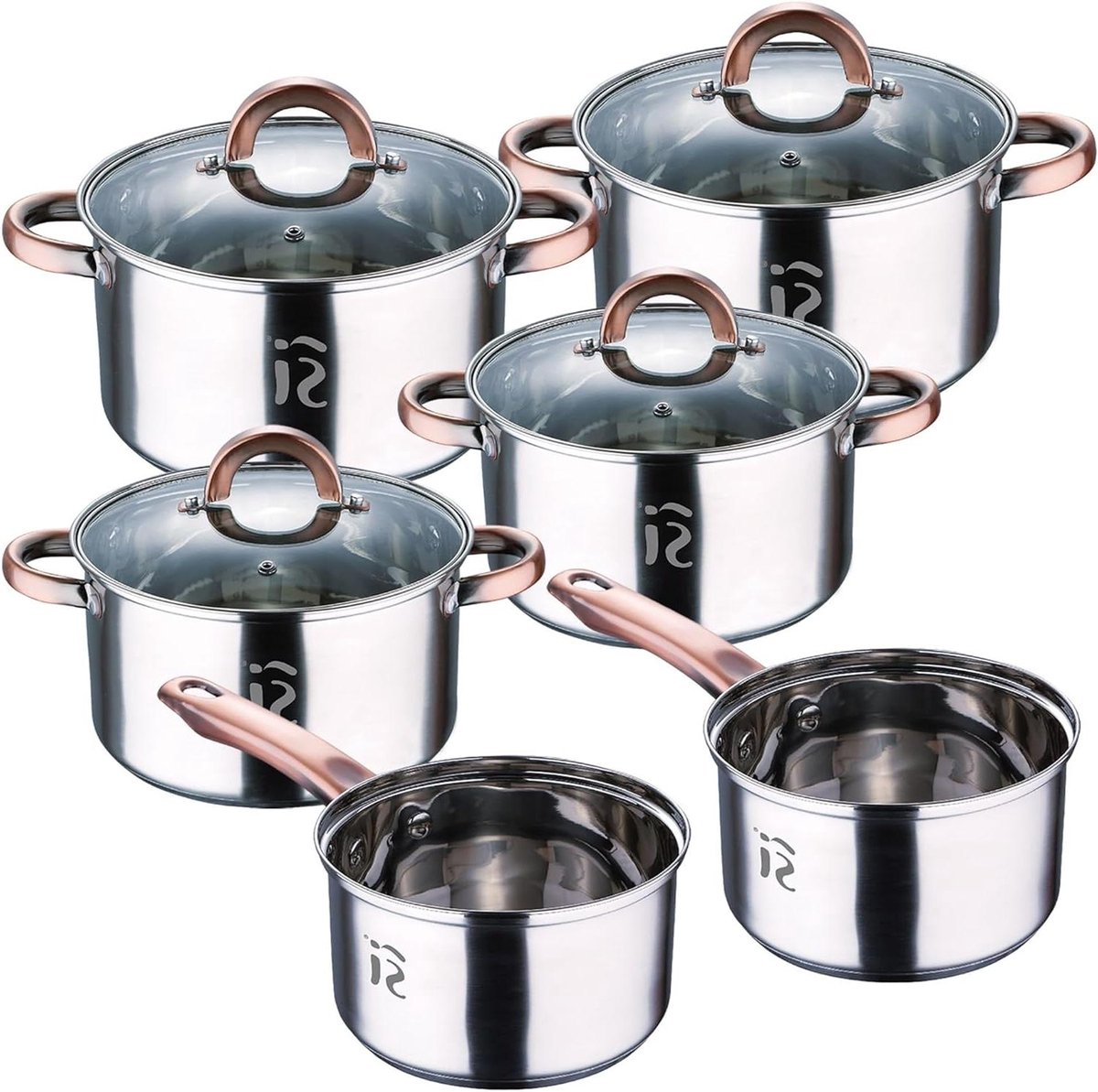 Kookpannenset RVS - Pannen met deksel - Dagelijks Koken - Glazen deksels met ventiel - 10 