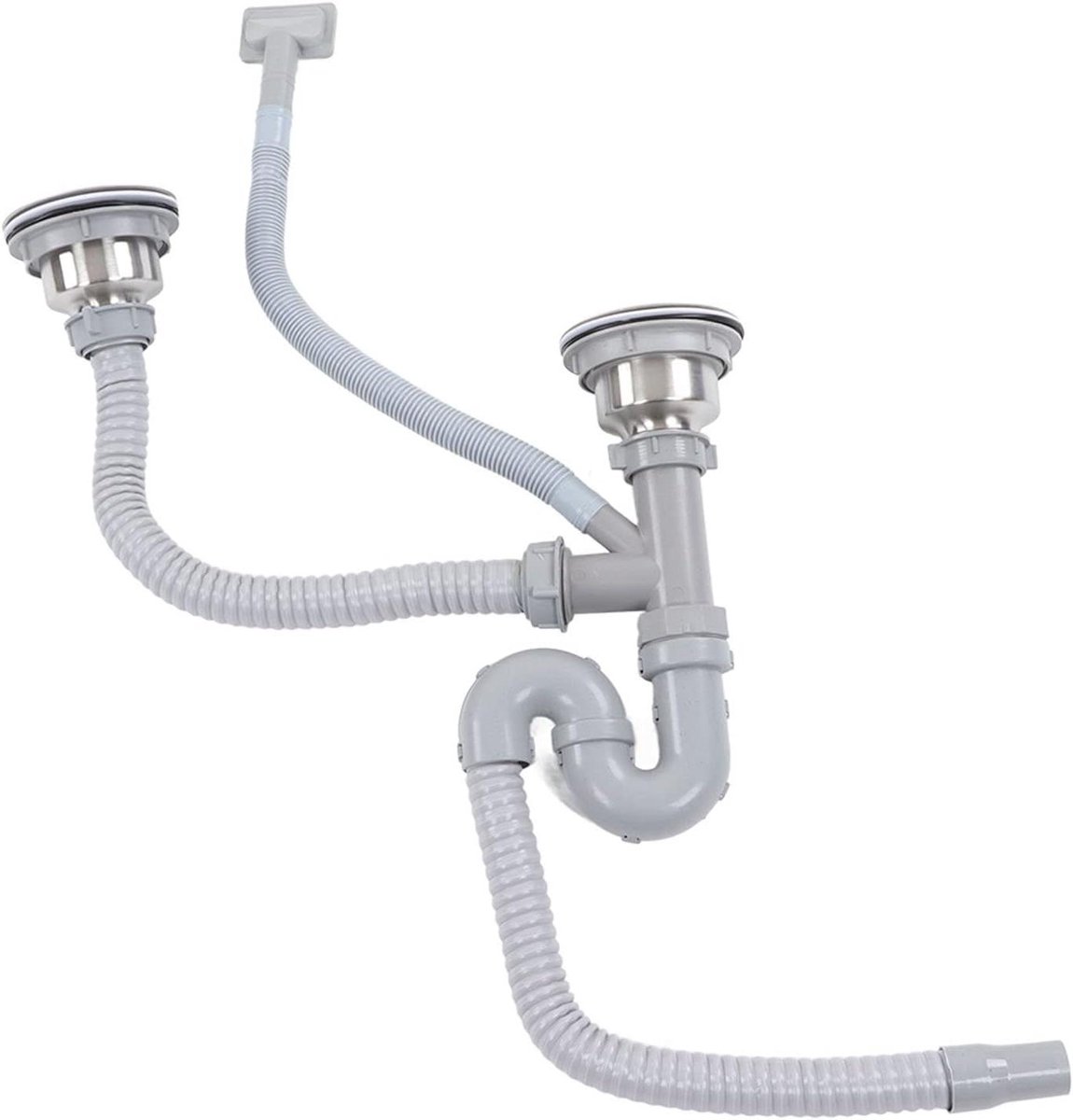 Keuken Dubbele Gootsteen Afvoer Kit - Sanitair Rioolbuis Set - Voorkomt Geur - Flexibele S Bocht - 11cm Diameter - Zilver