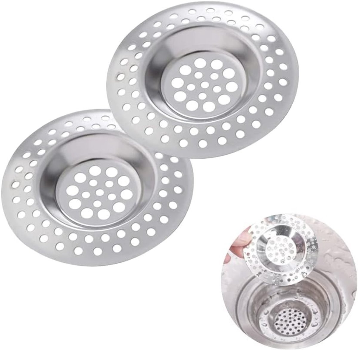 Set van 2 RVS Afvoerfilters voor Keuken en Badkamer - Haarvanger en Afvoerstopper van 7 cm, Ideaal voor Douche en Gootsteen