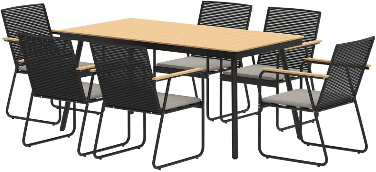 Tuinset - 7-delige Zitgroep - met 1 Tuintafel & 6 Stoelen - Tuinmeubelset voor 6 Personen - Tuintafelset - Tuin Eetset - Diningset - Zitset - voor Terras, Balkon, Tuin - Eetkamerset - Naturel Hout + Zwart – foto 2