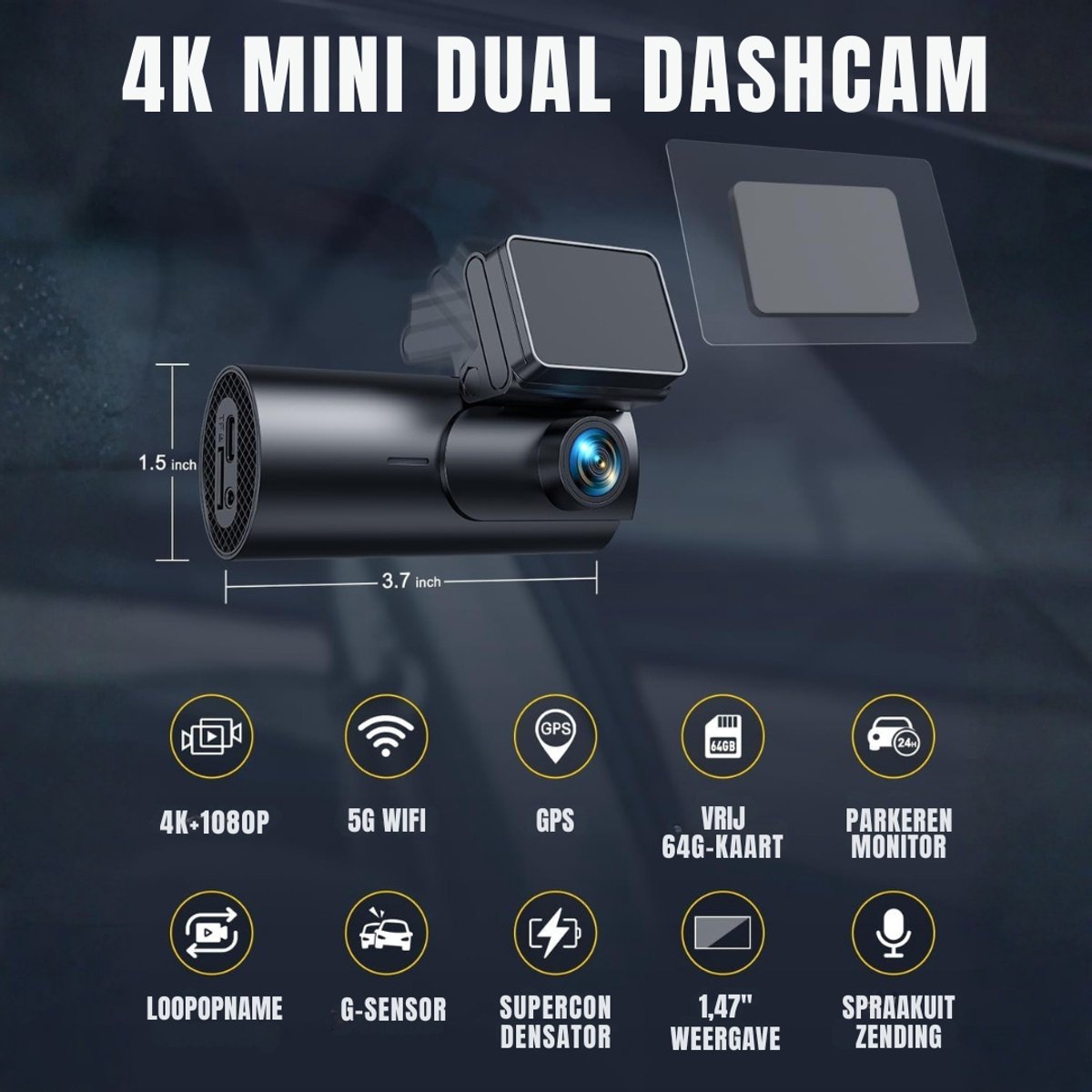 YOR® Dashcam voor Auto Voor en Achter - Dashcam - Zwart - 3cm x 5cm x 10cm – foto 6
