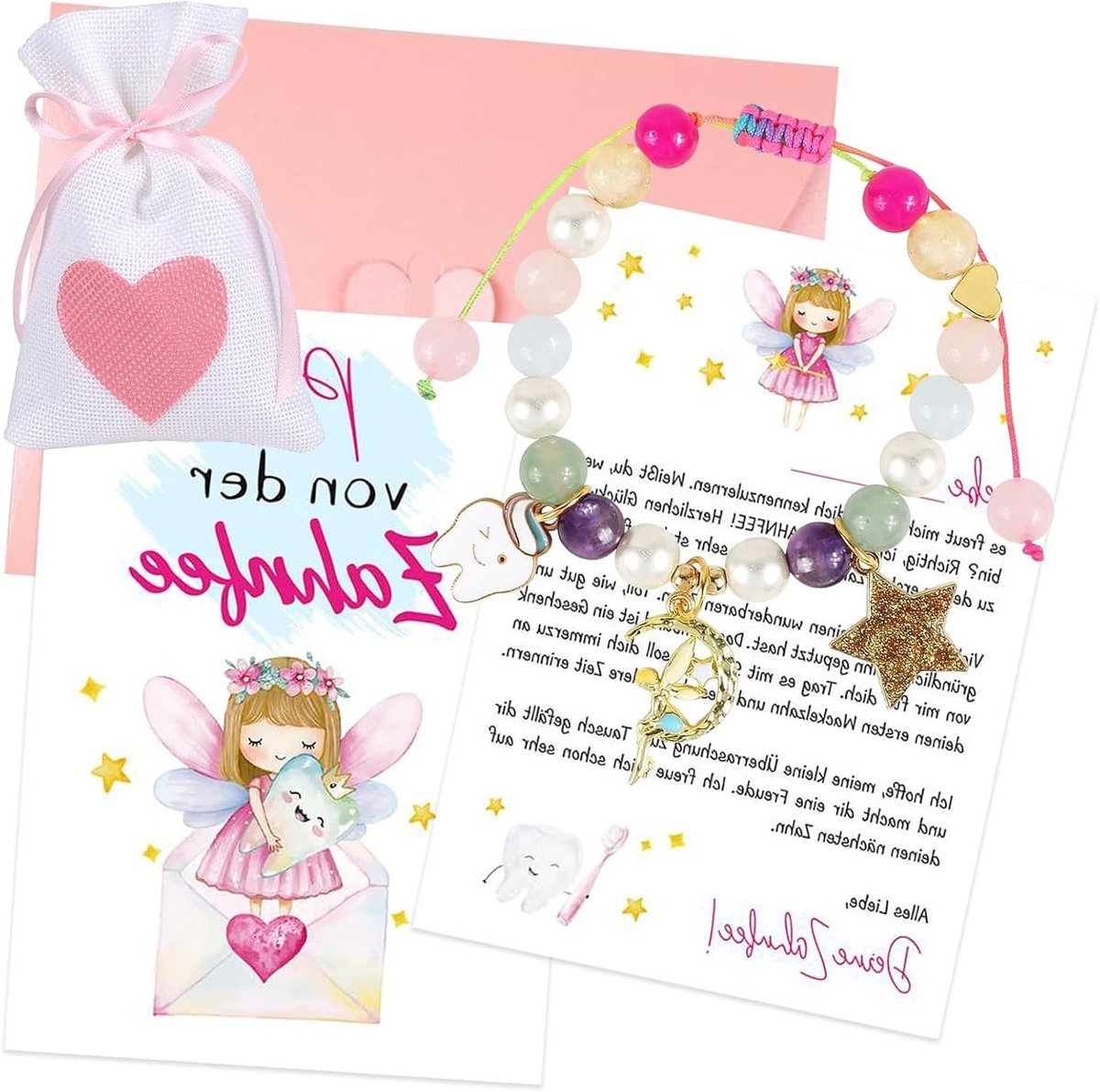 Toverachtige Tandfee Set voor Meisjes met Armband, Postkaart, Envelop, Rozen en Stoffen Tas - Perfect voor Verjaardag, Doop, Kerst en als Cadeau voor Dochters en Kleinkinderen