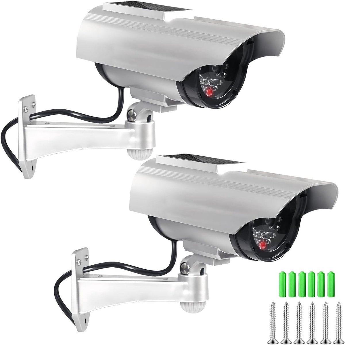 Veiligheidscamera op zonne-energie, Set van 2 nepcamera's met flitsende LED-lamp, Ideaal voor tuin, deur en gang
