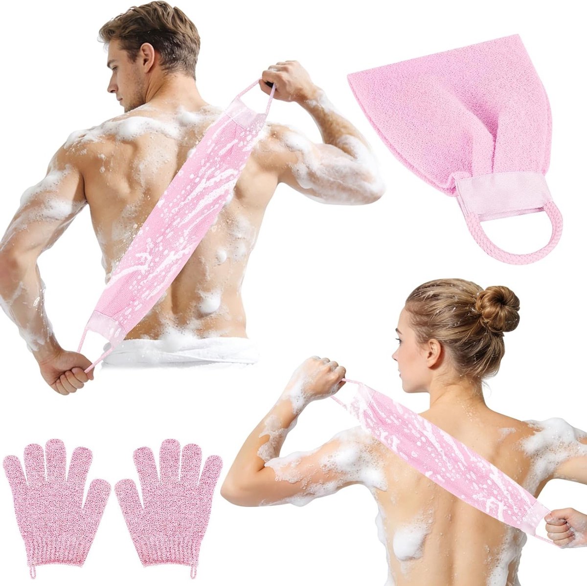 Peeling handschoenen voor het lichaam, 2 stuks exfoliërende handschoenen en 1 handdoek, ideaal voor scrub, spa en massage