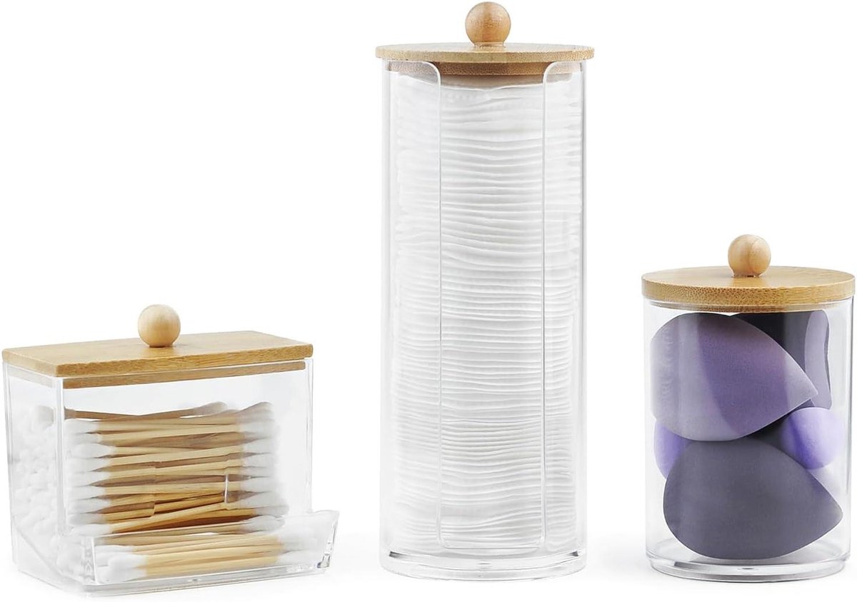 Make-up Organizer Set - Badkamer Opberger - Cosmetica Opbergen - Met Bamboe Deksel - 21 x 16 x 7.4 cm