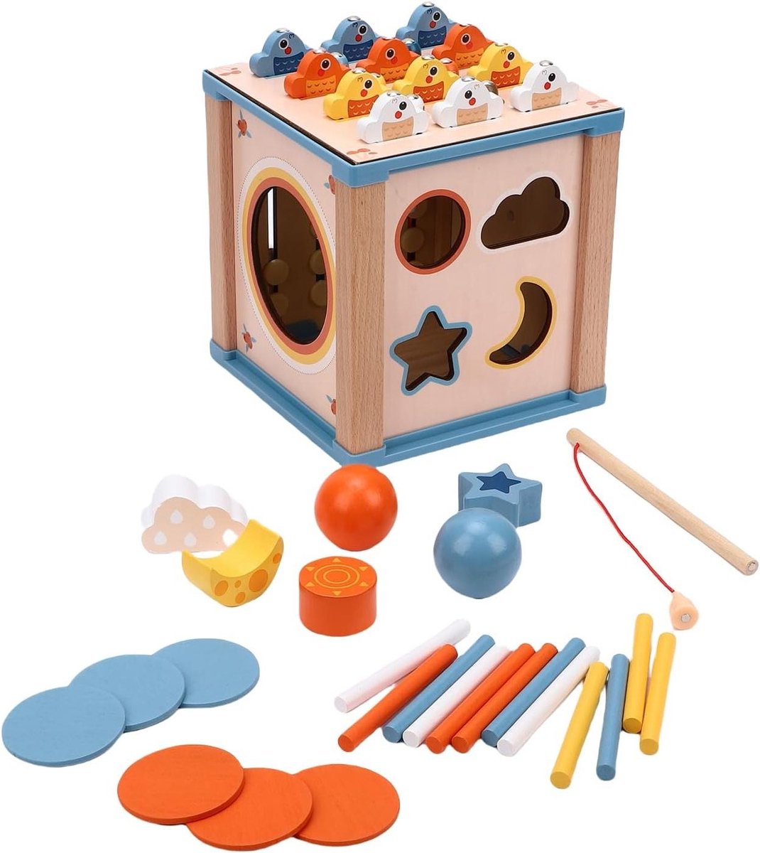 Houten Visspeelgoed - Motoriek spel - Vroege Ontwikkeling - Veelzijdige Leeractiviteiten - 18 x 16 x 16 cm - Multicolor