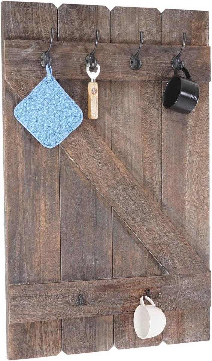 Mokkenplank - Hangrek - Keuken Opbergen - Zes Haken - 91 x 60 cm - Bruin Shabby