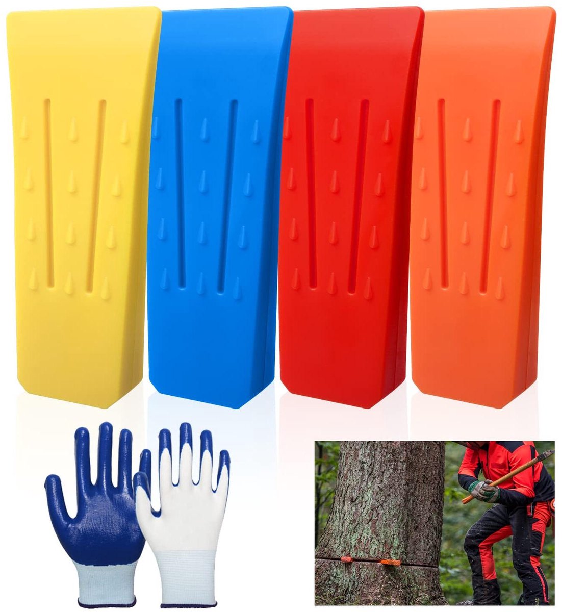 Kunststof Wiggen - Boom Wiggen - Veilig Bomen Vellen - Met Stevige Stekels - 4 Stuks - Rood Blauw Oranje Geel