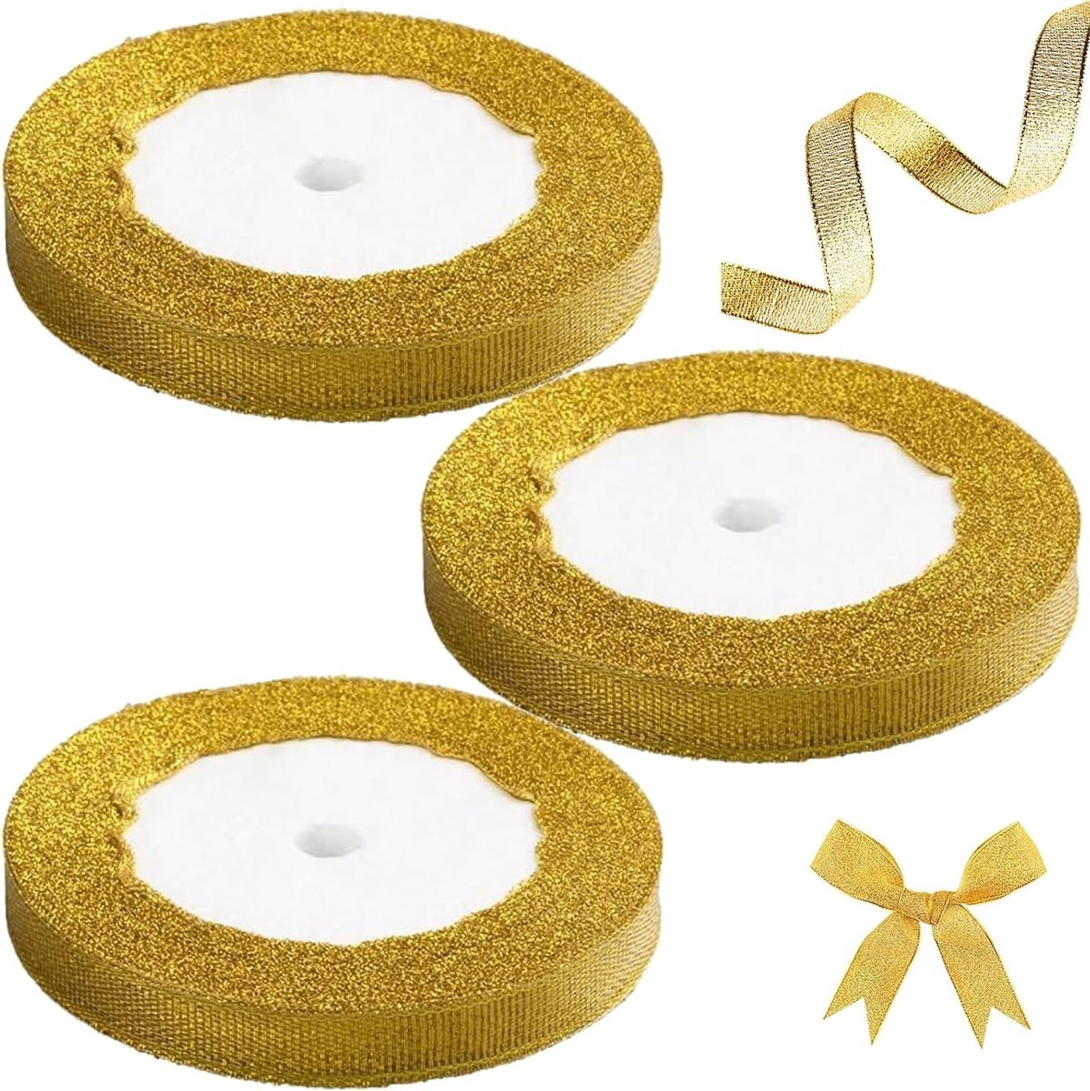 Gouden Cadeaulint Set van 3 Rollen, 0.5cm x 22m – Glanzend Satijnen Lint voor Trouwen, Knutselen en Versiering