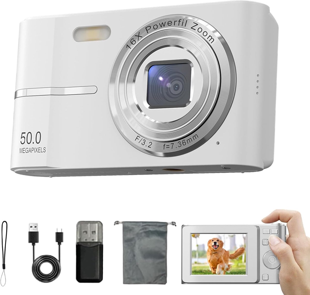 Camera - Digitale Camera - Vintage Aesthetic Fototoestel - 50MP FHD 1080P Compactcamera - 16X Zoom & Autofocus - Inclusief Beeldstabilisatie - Perfect voor Beginners & Tieners - wit