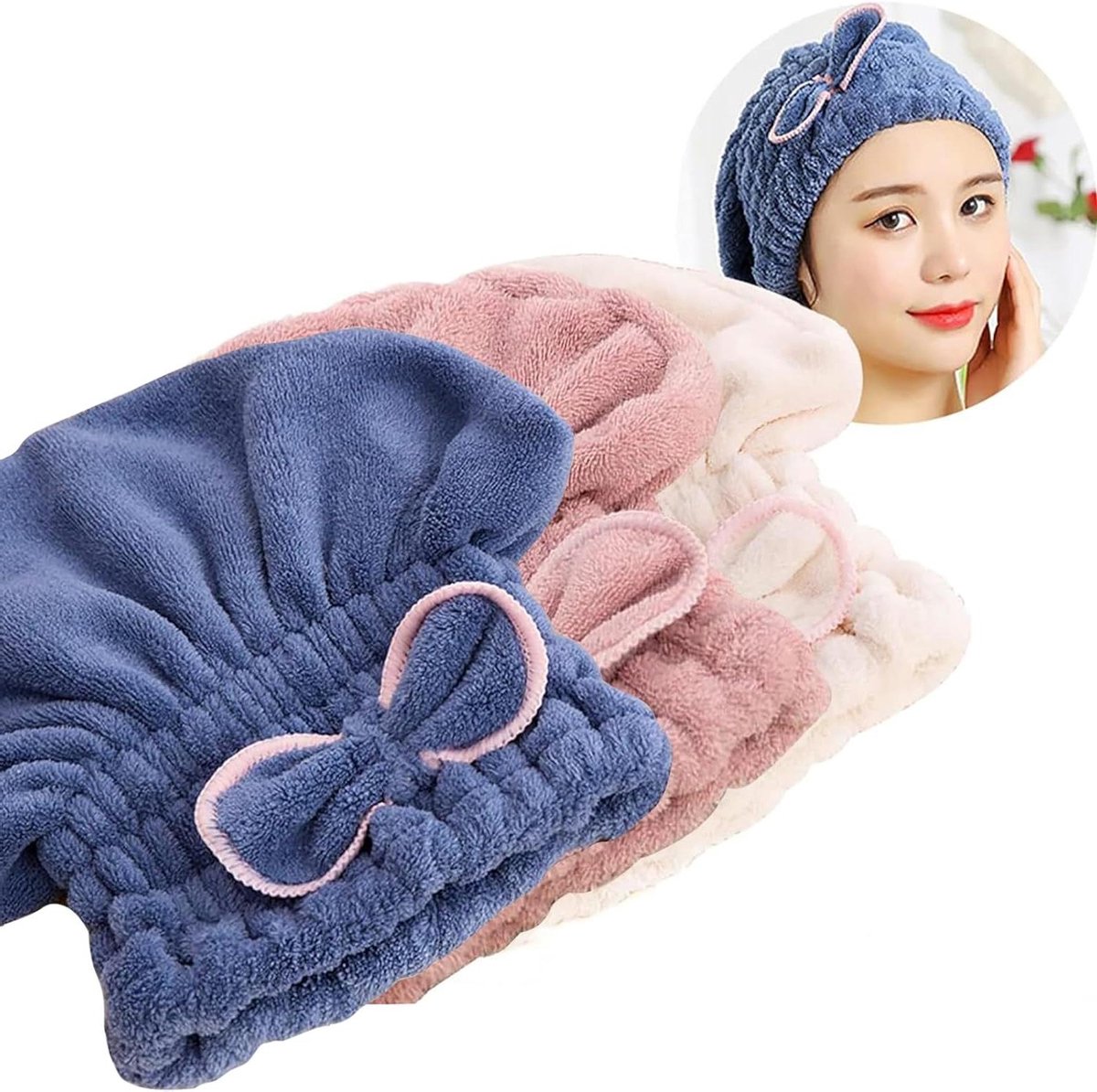 Drogen Haar Hoedjes - Haarhanddoek Turban - Snel Haar Drogen - Super Absorberend - 3 Stuks - Beige Roze Blauw