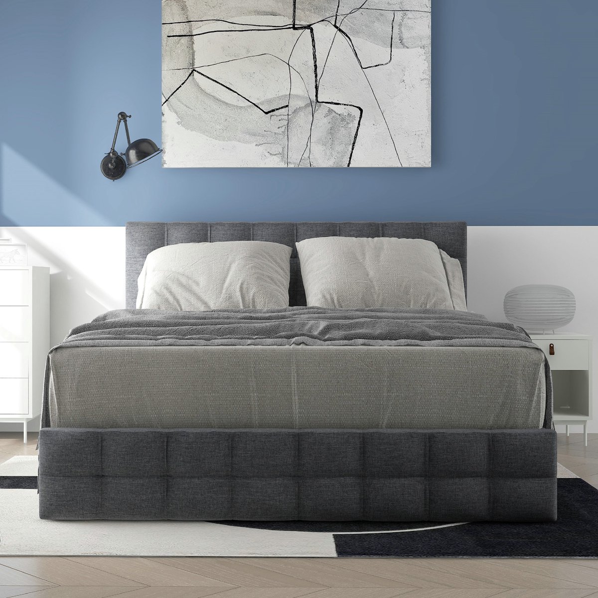 VVBV Bed met opbergruimte 140x200 / Gestoffeerd bed 140x200 / Tweepersoonsbed 140x200 – met Lades, Lattenbodem – 4 Lades – In Hoogte Verstelbaar Hoofdbord Grijs