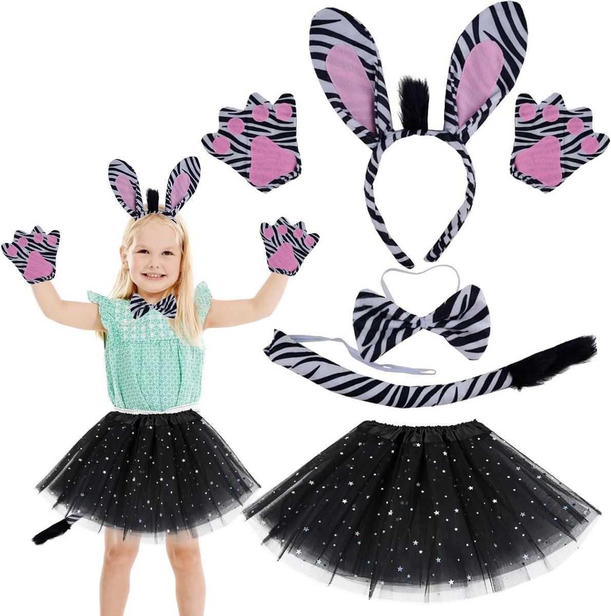 Zebra Kostuum voor Kinderen met Hoofd, Handschoenen en Vlindertail voor Dierenfeest en Foto's