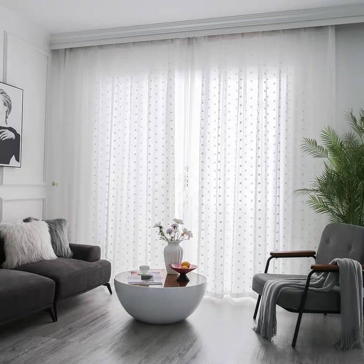 Voile Gordijnen Set - Tule Raambekleding - Woonkamer Decoratie - Gestippeld Patroon - 2x 102x244 cm - Wit