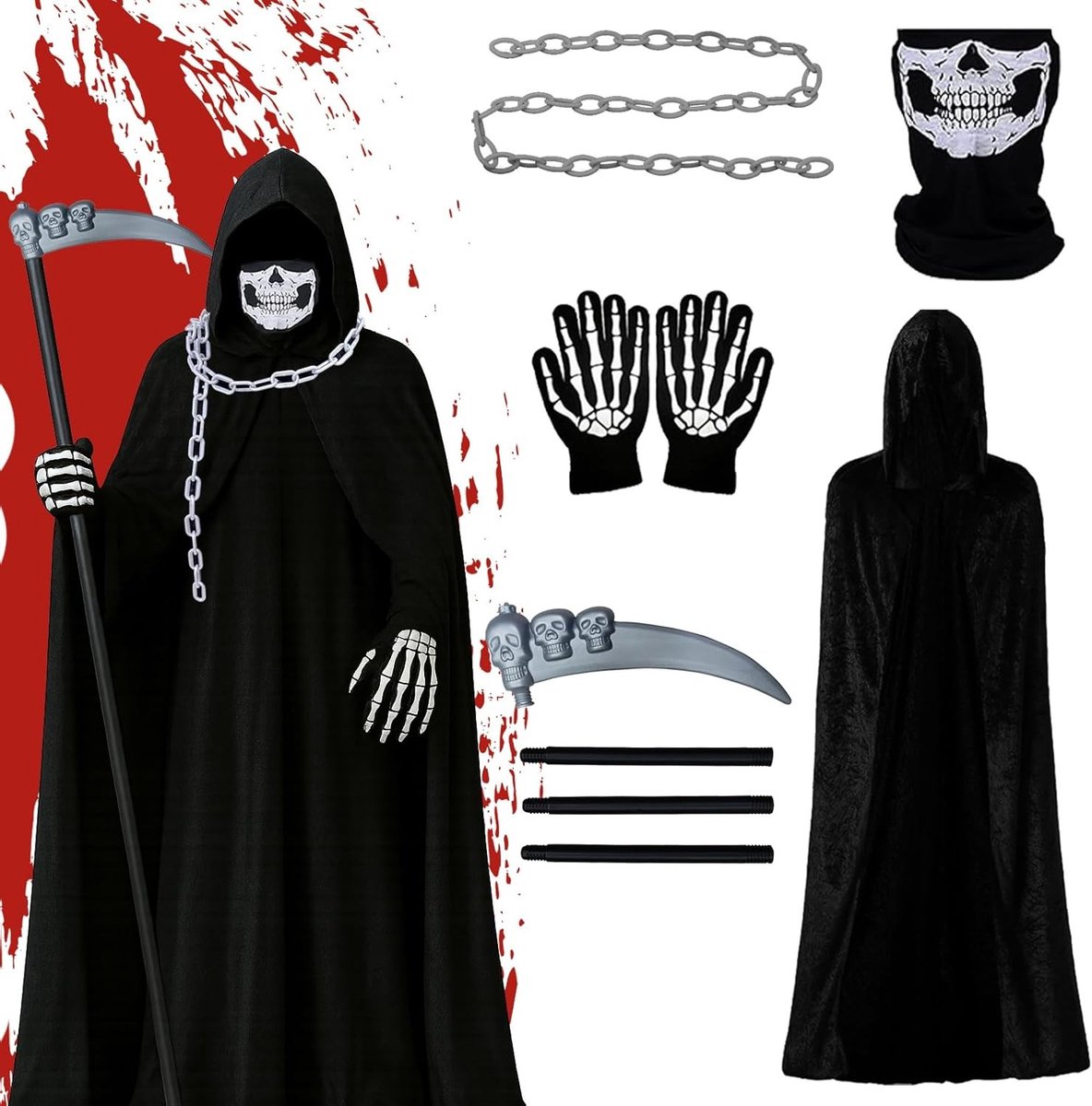 Halloween Grim Reaper Kostuum voor Mannen met Cape, Skeletmasker, Handschoenen en Zeis voor een Eng Feestoutfit
