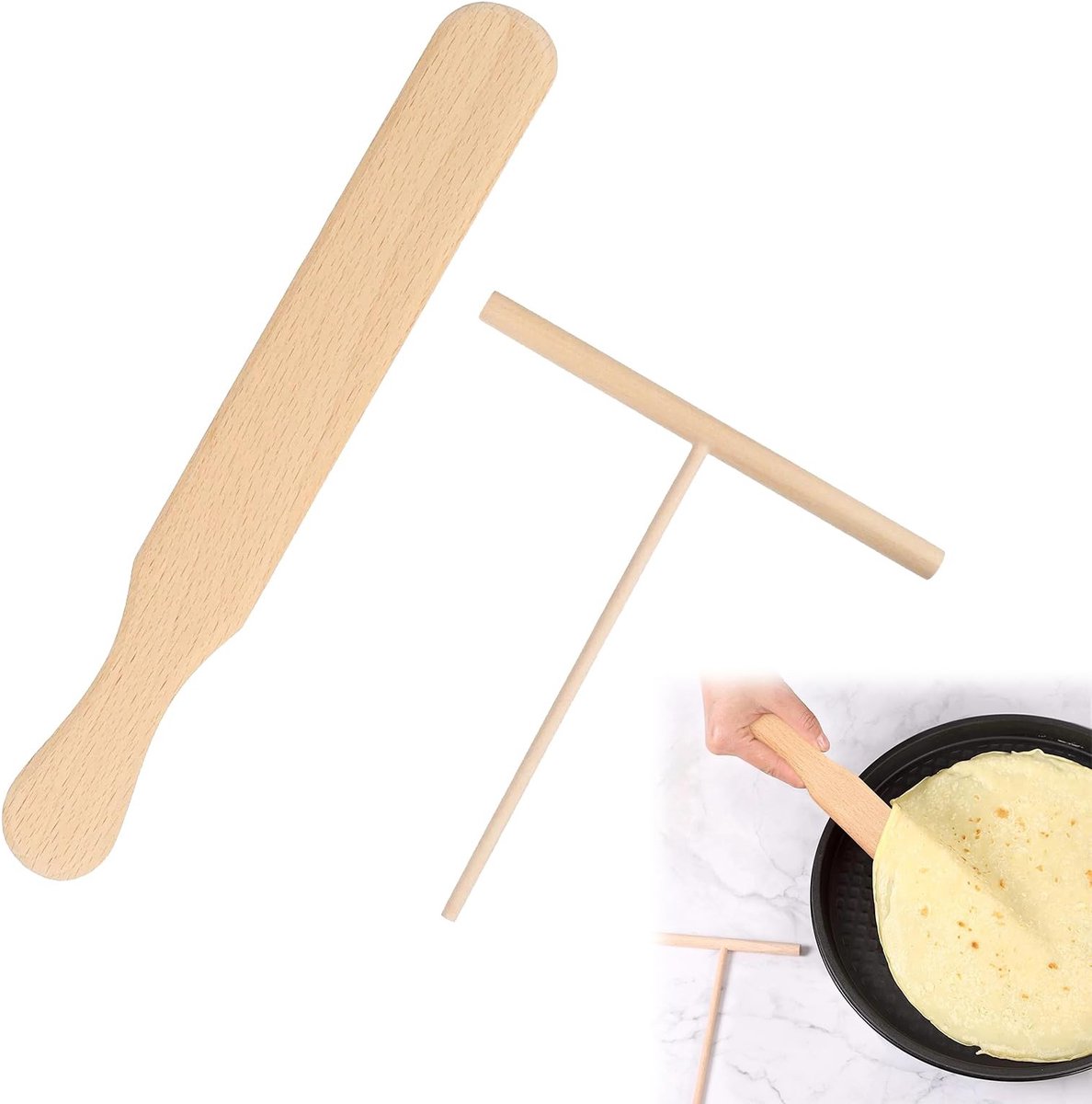 Allecto - Pannenkoekenverdelers - Houten Spatel Set - T Vormige Pannenkoekenmaker - Bruin - Voor Het Maken Van Crêpes - Bakken en Flippen - Keukena...
