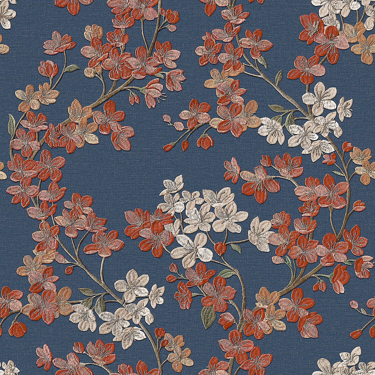 Bloemen behang Profhome GR322206-DI vliesbehang hardvinyl warmdruk in reliëf gestempeld met bloemmotief glinsterend blauw zalmoranje oudroze lichtgroen 5,33 m2