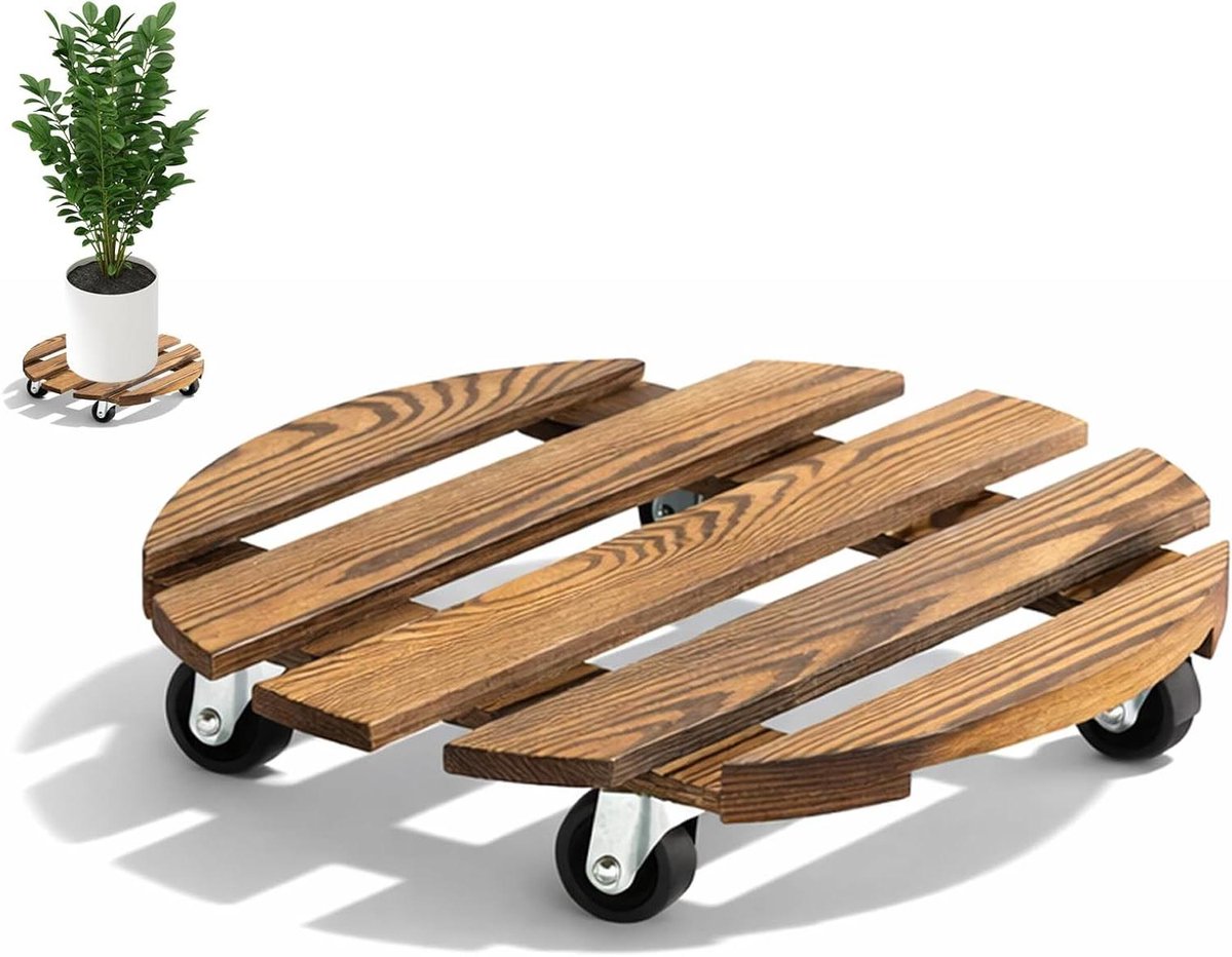Plantenroller Rond - Bloempot Onderzetter - Planten Verplaatsen - Afsluitbare Zwenkwielen - 30x30 cm - Houtkleur