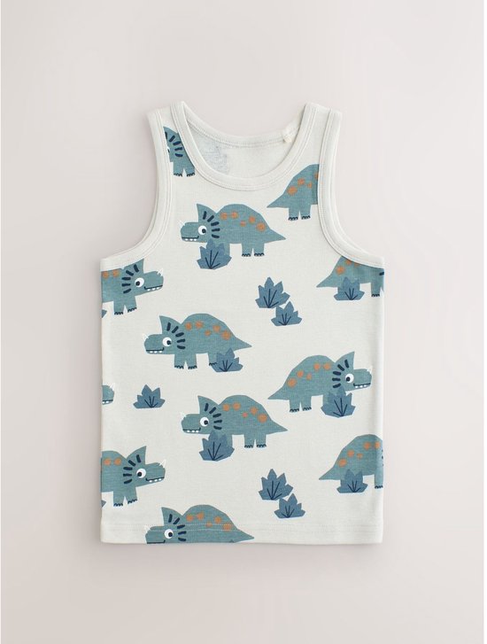Lichtgrijze tanktop met een all-over print van blauwe dinosaurussen.
