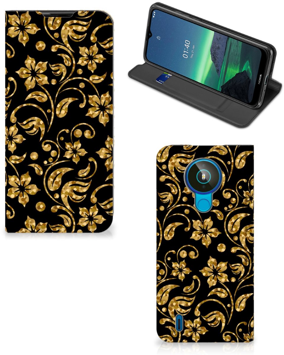 Standcase Hoesje voor Nokia 1.4 Smart Cover Gouden Bloemen