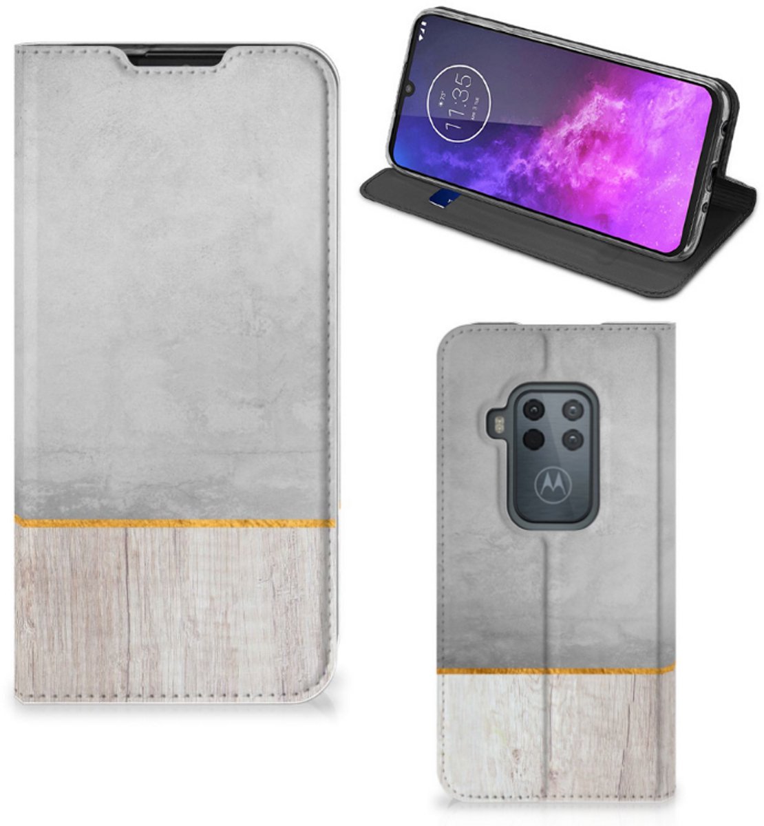 Motorola One Zoom Book Wallet Case Wood Concrete