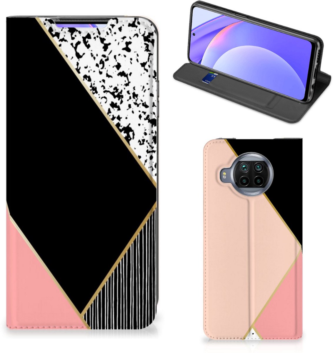Xiaomi Mi 10T Lite Stand Case Zwart Roze Vormen