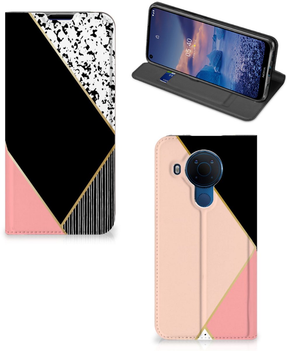 Book Case voor Nokia 5.4 Stand Case Zwart Roze Vormen