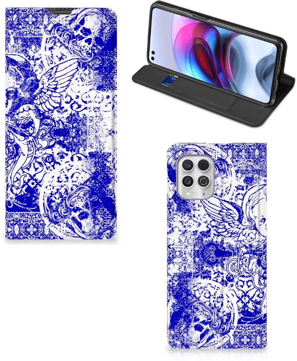 Mobiel BookCase Motorola Moto G100 Angel Skull Blauw