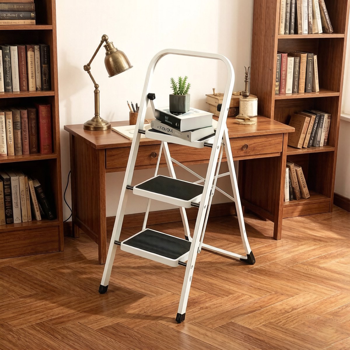 Hoppa! Keukentrapje / Huishoudtrapje - 3-Treden Ladder - Vouwladder - Sportbreedte 20 cm - Antislip Rubber - Draagvermogen 150 kg - Staal - GS-gecertificeerd - Zwart en Wit – foto 5
