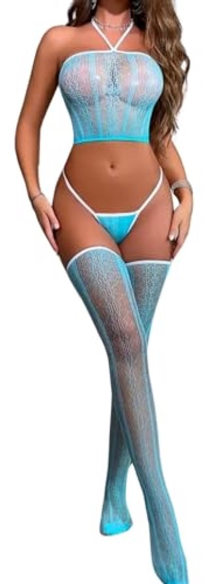 Dames lingerieset 3-delig - mesh kant met crop top en netkousen - sexy feestoutfit