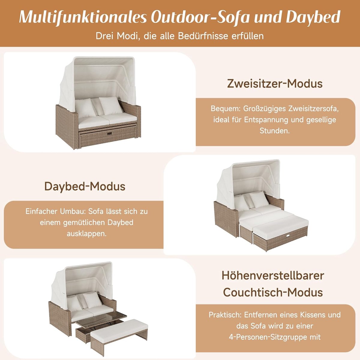 Polyrattan Loungeset 2-4 Personen met Verstelbare Tafel & Zonnedak – Multifunctioneel Tuinbed & Loungebank, Weerbestendig PE-Rattan, Inclusief Kussens – Khaki – Laura