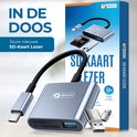 Verpakking van de Smath SD-kaartlezer, met de aluminium kaartlezer, USB-A adapter, Micro SD en SD-kaart.