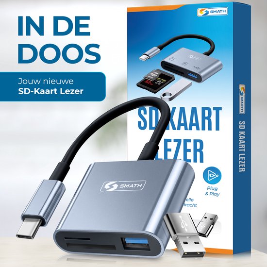 Verpakking van de Smath SD-kaartlezer, met de aluminium kaartlezer, USB-A adapter, Micro SD en SD-kaart.