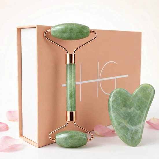 HG Aesthetics Jade Roller met Gua Sha Steen - Gezichtsroller - Face Roller voor Gezichtsmassage & Huidverzorging - 100% Natuurlijke Jade - Anti-Aging & Rimpelvermindering - Ontspanning & Doorbloeding - Groente - cadeautje vrouw - Moederdag cadeau