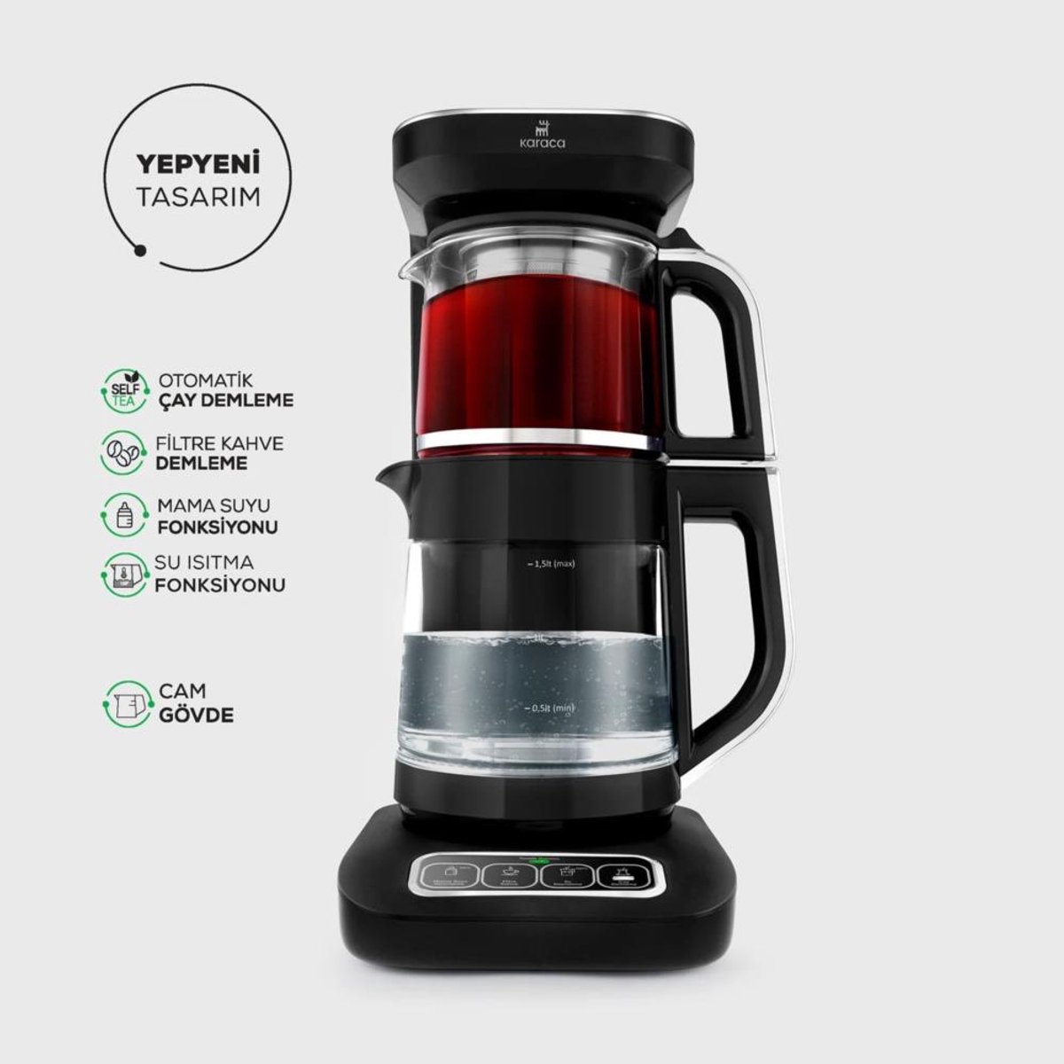 Karaca Çaysever Robotea Pro - 4 in 1 Sprekend Automatisch Theezetapparaat met Glas, Waterverwarmer en Filter Koffiezetapparaat 2500W - Zwart Chroom